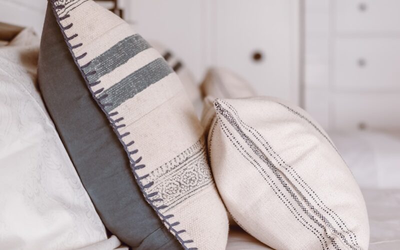 white and blue throw pillows on white bed